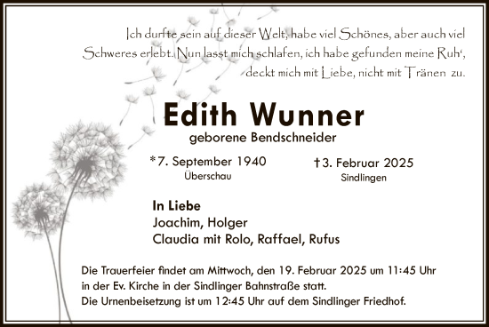 Traueranzeige von Edith Wunner von FNP