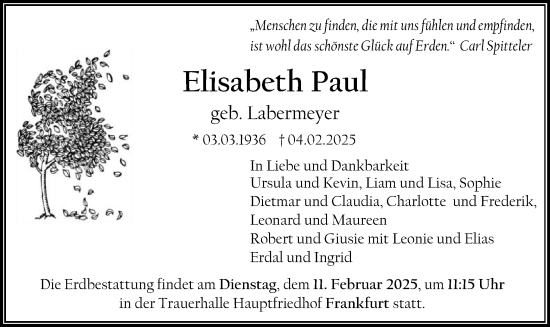 Traueranzeige von Elisabeth Paul von FNP