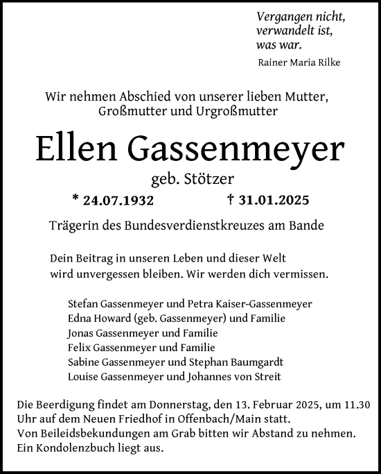 Traueranzeige von Ellen Gassenmeyer von FNP