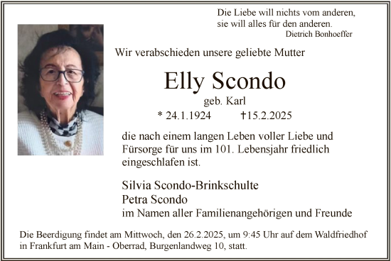 Traueranzeige von Elly Scondo von FNP