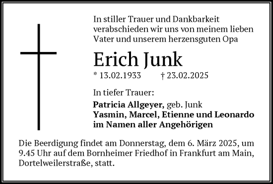 Traueranzeige von Erich Junk von FNP