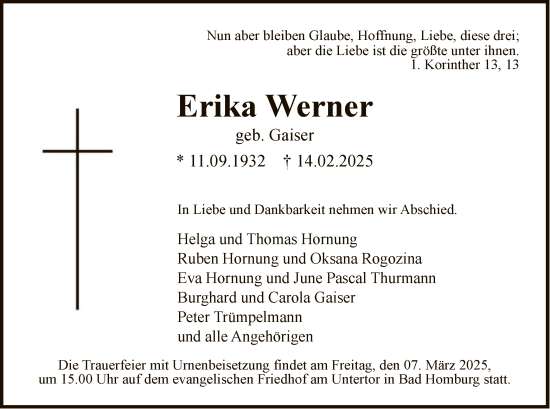 Traueranzeige von Erika Werner von FNP