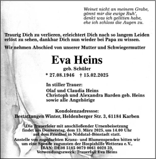 Traueranzeige von Eva Heins von FNP