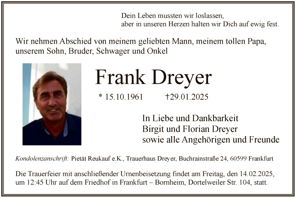  Traueranzeige für Frank Dreyer vom 08.02.2025 aus FNP