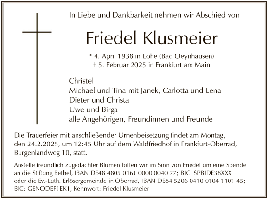 Traueranzeige von Friedel Klusmeier von FNP