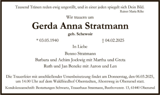 Traueranzeige von Gerda Anna Stratmann von FNP