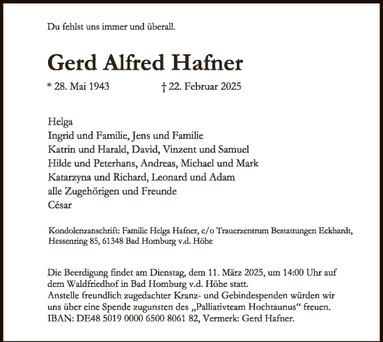 Traueranzeige von Gerd Alfred Hafner von FNP