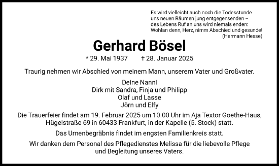 Traueranzeige von Gerhard Bösel von FNP