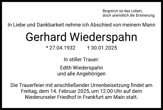 Traueranzeige von Gerhard Wiederspahn von FNP