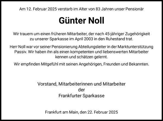 Traueranzeige von Günter Noll von FNP