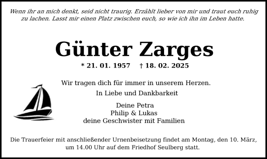 Traueranzeige von Günter Zarges von FNP