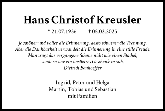 Traueranzeige von Hans Christof Kreusler von FNP