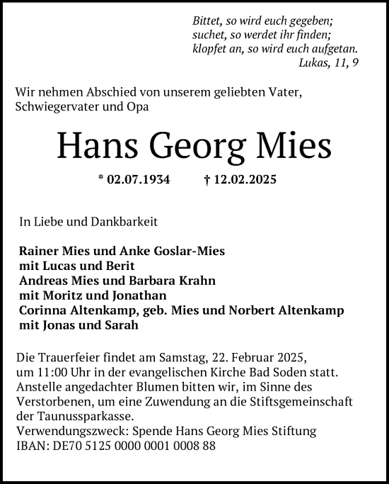 Traueranzeige von Hans Georg Mies von FNP