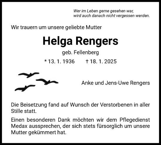 Traueranzeige von Helga Rengers von FNP