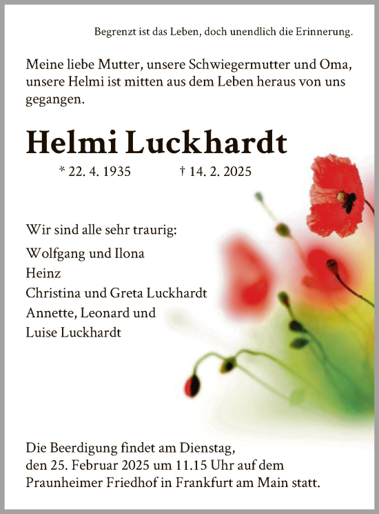 Traueranzeige von Helmi Luckhardt von FNP