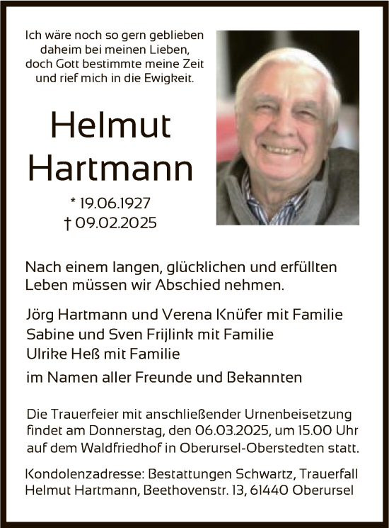 Traueranzeige von Helmut Hartmann von FNP