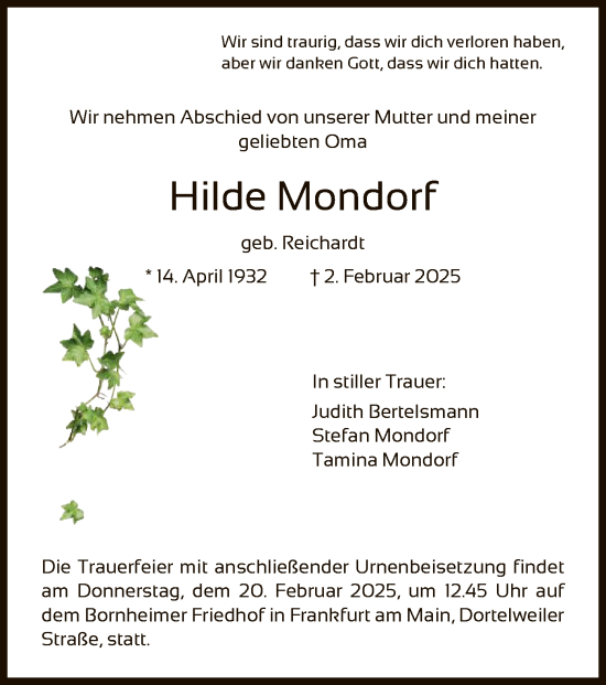 Traueranzeige von Hilde Mondorf von FNP