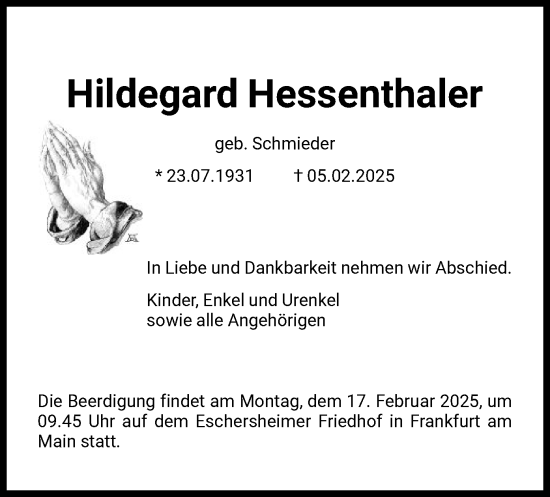 Traueranzeige von Hildegard Hessenthaler von FNP