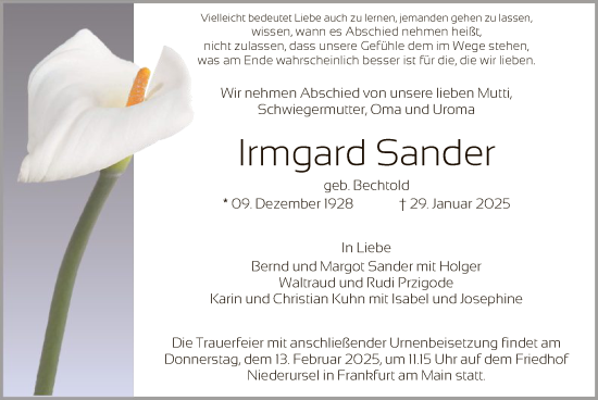 Traueranzeige von Irmgard Sander von FNP