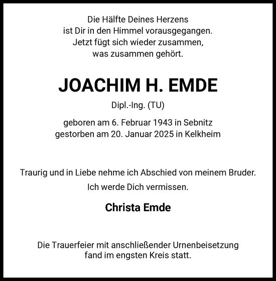 Traueranzeige von Joachim H. Emde von FNP