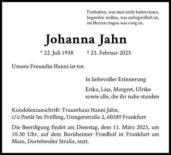 Traueranzeige von Johanna Jahn von FNP