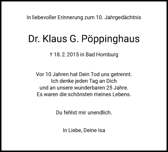 Traueranzeige von Klaus G. Pöppinghaus von FNP