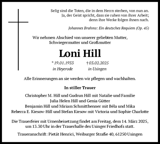 Traueranzeige von Loni Hill von FNP