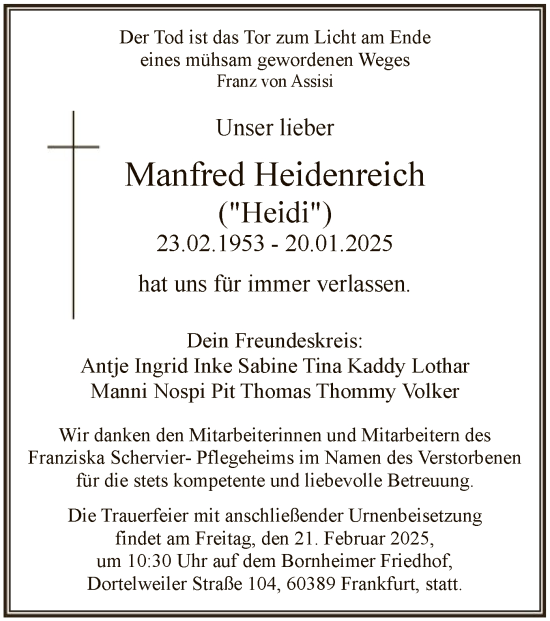 Traueranzeige von Manfred Heidenreich von FNP