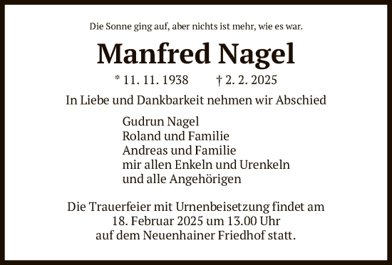 Traueranzeige von Manfred Nagel von FNP