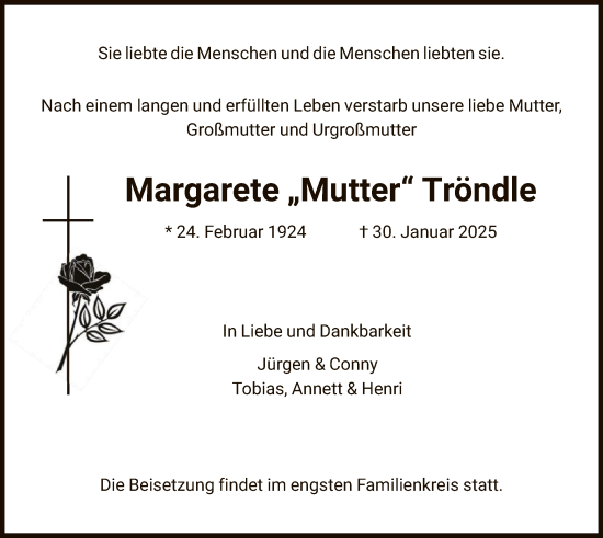 Traueranzeige von Margarete Tröndle von FNP