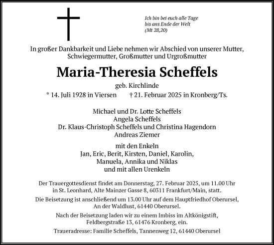 Traueranzeige von Maria-Theresia Scheffels von FNP