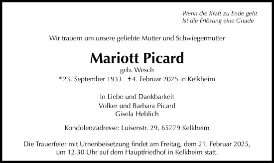 Traueranzeige von Mariott Picard von FNP