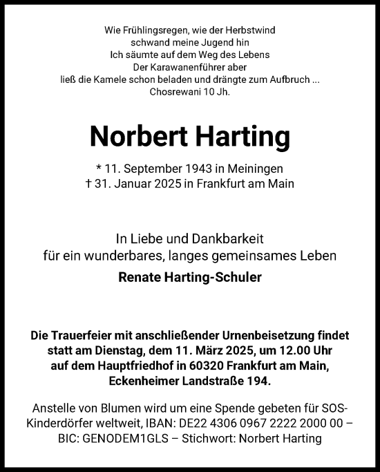 Traueranzeige von Norbert Harting von FNP