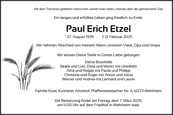 Traueranzeige von Paul Erich Etzel von FNP