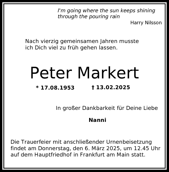 Traueranzeige von Peter Markert von FNP