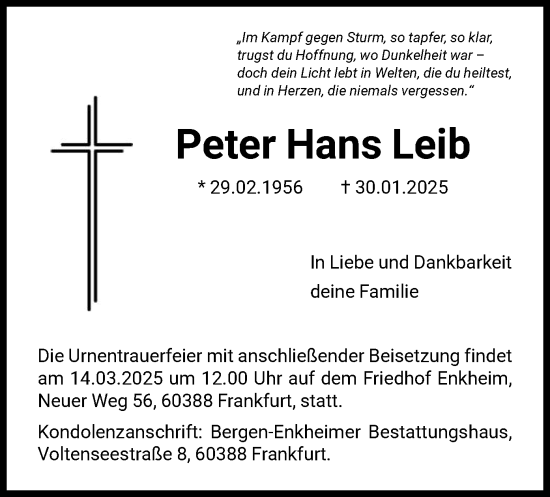 Traueranzeige von Peter Hans Leib von FNP