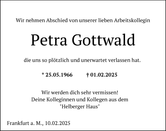 Traueranzeige von Petra Gottwald von FNP