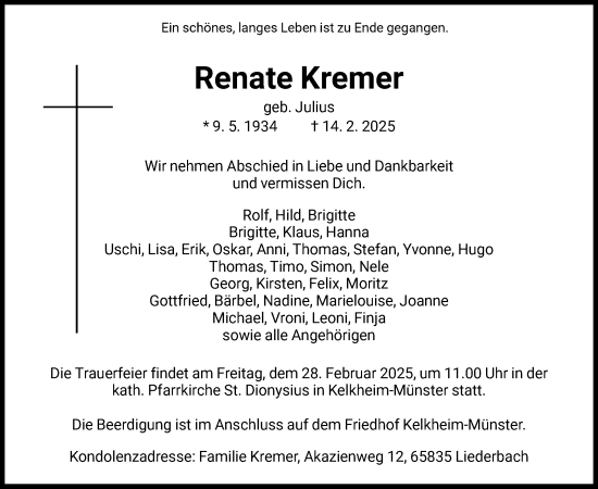 Traueranzeige von Renate Kremer von FNP