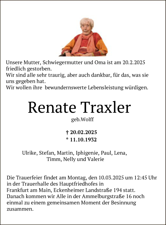 Traueranzeige von Renate Traxler von FNP