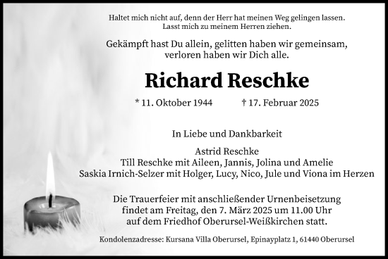 Traueranzeige von Richard Reschke von FNP