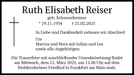 Traueranzeige von Ruth Elisabeth Reiser von FNP