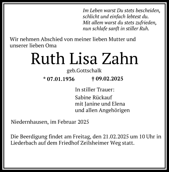 Traueranzeige von Ruth Lisa Zahn von FNP