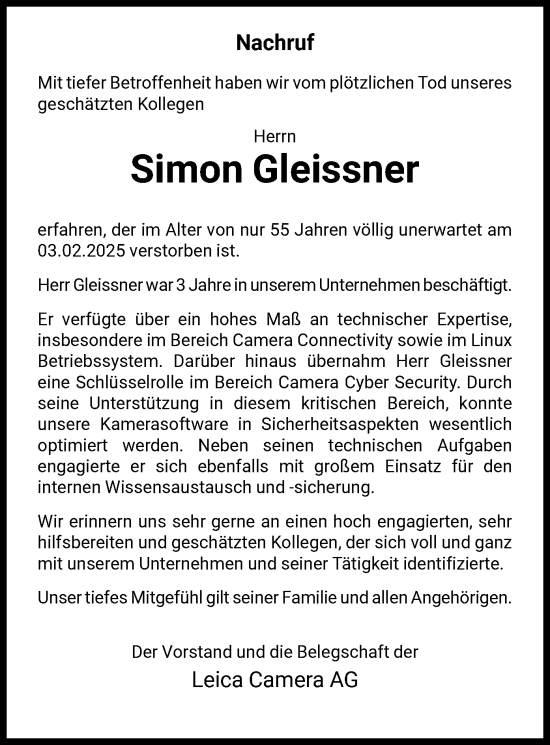 Traueranzeige von Simon Gleissner von FNP