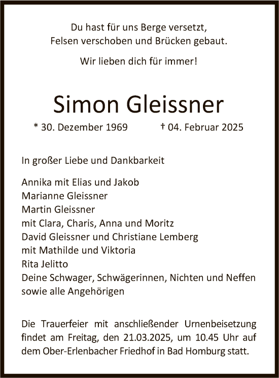 Traueranzeige von Simon Gleissner von FNP