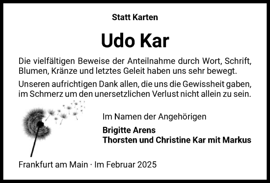 Traueranzeige von Udo Kar von FNP