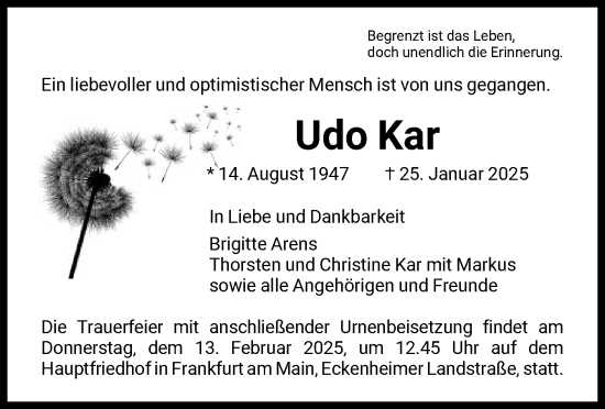 Traueranzeige von Udo Kar von FNP