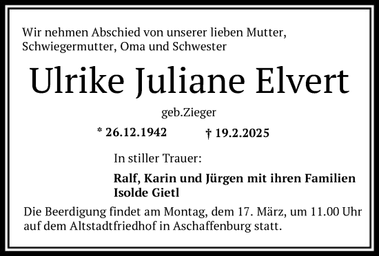 Traueranzeige von Ulrike Juliane Elvert von FNP