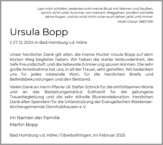 Traueranzeige von Ursula Bopp von FNP