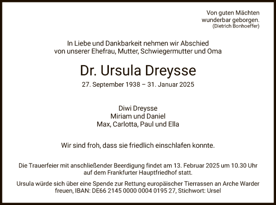 Traueranzeige von Ursula Dreysse von FNP