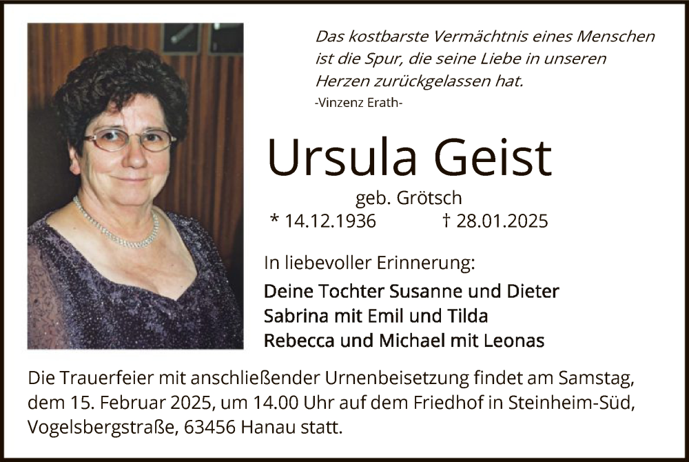  Traueranzeige für Ursula Geist vom 08.02.2025 aus FNP